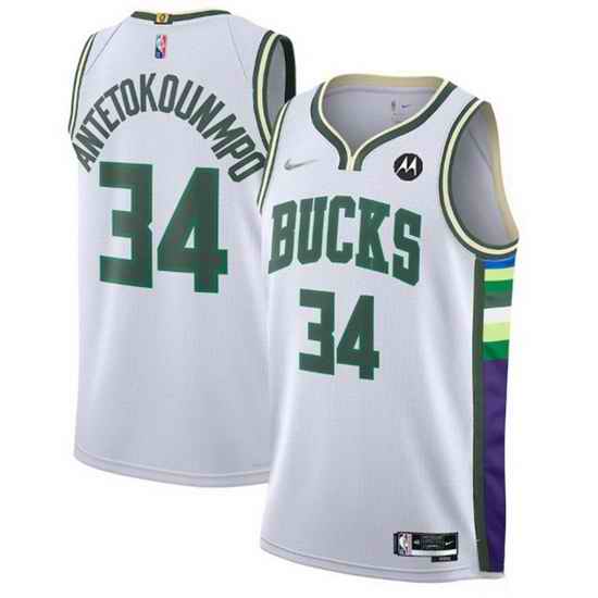Men's Milwaukee Bucks #34 Giannis Antetokounmpo White 2021 #22 75th Anniversary Swingman City Edition Stitched Jersey->los angeles lakers->NBA Jersey