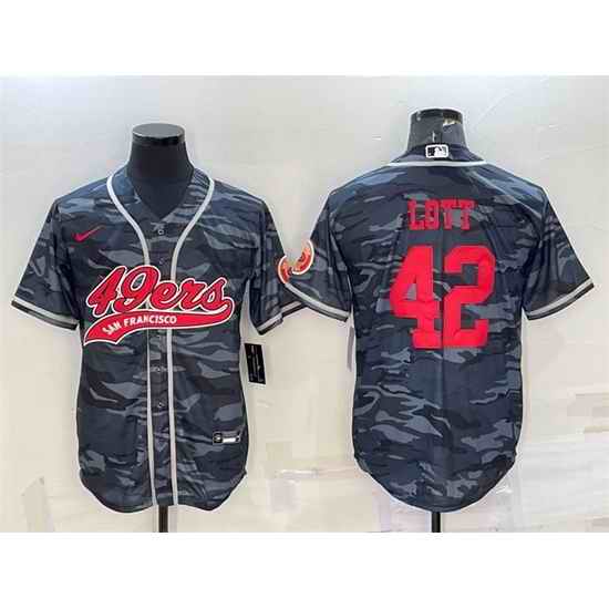 Men San Francisco 49ers #42 Ronnie Lott Grey Red Camo With Patch Cool Base Stitched Baseball Jersey->san francisco 49ers->NFL Jersey