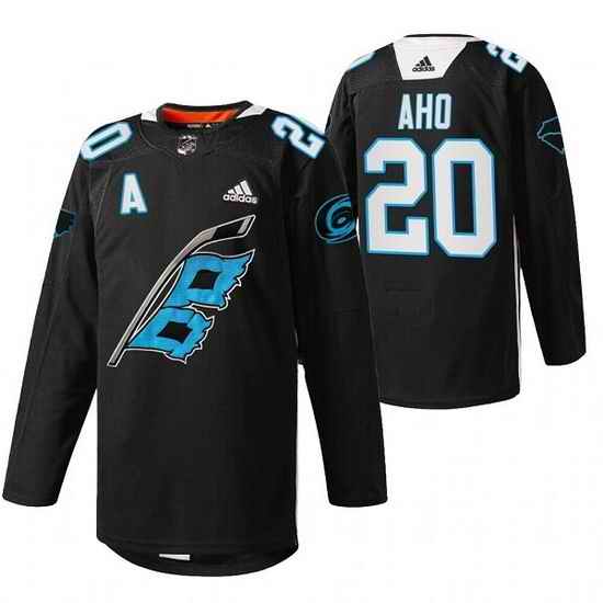Men Carolina Hurricanes #20 Sebastian Aho 2022 Black Warm Up Stitched Jersey->carolina hurricanes->NHL Jersey