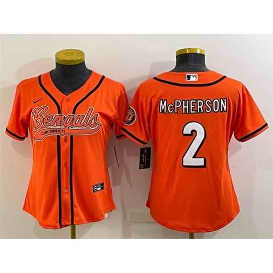 Women Cincinnati Bengals #2 Evan McPherson Orange With Patch Cool Base Stitched Baseball Jersey->women nfl jersey->Women Jersey