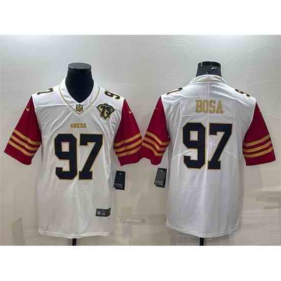 Men San Francisco 49ers #97 Nick Bosa White Gold With 75th Anniversary Patch Stitched Jersey->san francisco 49ers->NFL Jersey