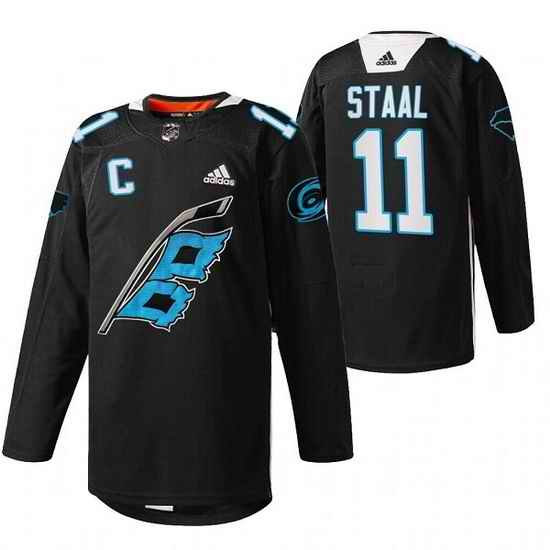 Men Carolina Hurricanes #11 Jordan Staal 2022 Black Warm Up Stitched Jersey->carolina hurricanes->NHL Jersey