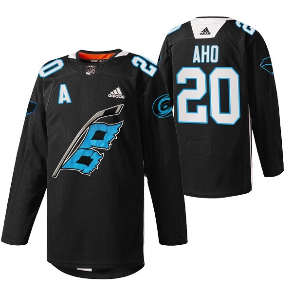 Men's Carolina Hurricanes #20 Sebastian Aho 2022 Black Warm-up Stitched Jersey->carolina hurricanes->NHL Jersey