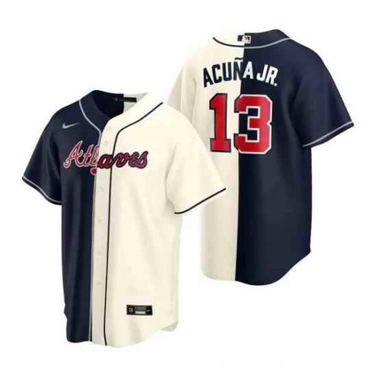 Men Atlanta Braves #13 Ronald Acuna Jr  Navy Cream Split Cool Base Stitched Baseball Jersey->houston astros->MLB Jersey