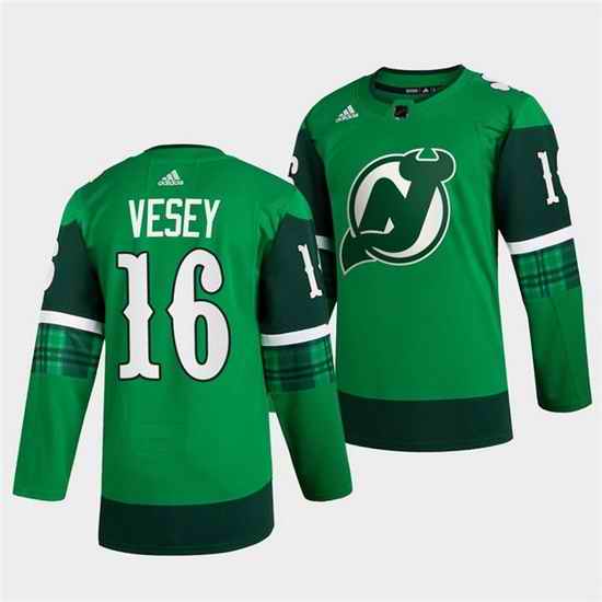 Men New jerseyy Devils #16 Jimmy Vesey Green Warm Up St Patricks Day Stitched jersey->anaheim ducks->NHL Jersey