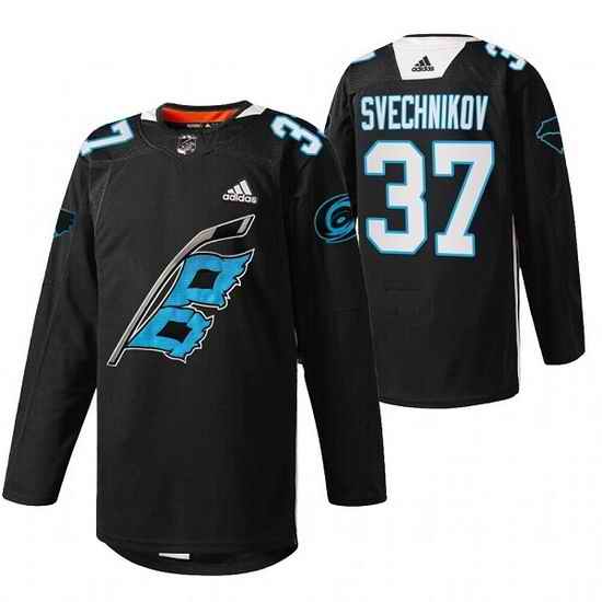 Men Carolina Hurricanes #37 Andrei Svechnikov 2022 Black Warm Up Stitched Jersey->carolina hurricanes->NHL Jersey
