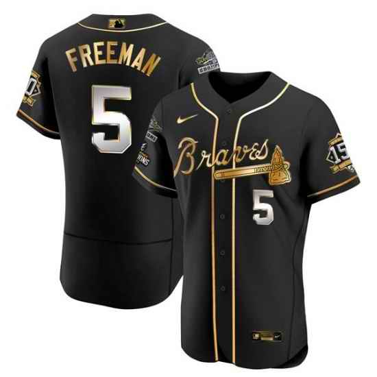 Men Atlanta Braves #5 Freddie Freeman Black Golden World Series Champions With 150th Anniversary Patch Flex Base Stitched Jersey->houston astros->MLB Jersey