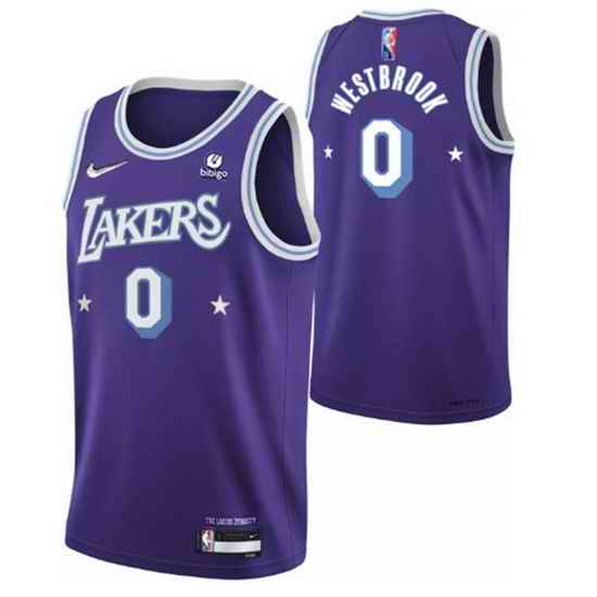Men's Los Angeles Lakers #0 Russell Westbrook Purple 2021 City Edition 75th Anniversary Stitched Jersey->dallas mavericks->NBA Jersey