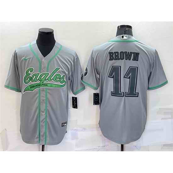 Men Philadelphia Eagles #11 A J  Brown Grey With Patch Cool Base Stitched Baseball Jersey->philadelphia eagles->NFL Jersey