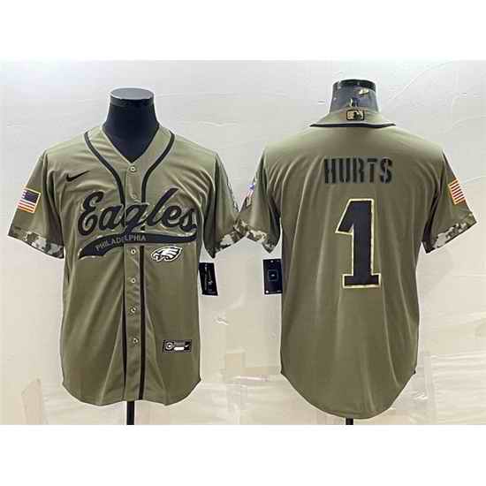 Men Philadelphia Eagles #1 Jalen Hurts Olive 2022 Salute To Service Cool Base Stitched Baseball Jersey->new york giants->NFL Jersey