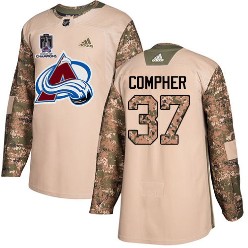 Adidas Colorado Avalanche #37 J.T. Compher Camo Authentic 2022 Stanley Cup Champions Veterans Day Stitched NHL Jersey Men’s->women nhl jersey->Women Jersey