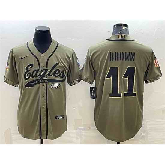 Men Philadelphia Eagles #11 A J  Brown Olive 2022 Salute To Service Cool Base Stitched Baseball Jersey->philadelphia eagles->NFL Jersey