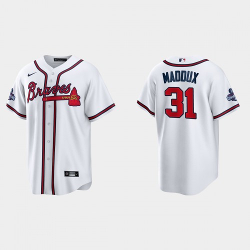 Atlanta Atlanta Braves #31 Greg Maddux Men’s Nike 2021 World Series Champions Patch MLB Game Jersey – White Men’s->women mlb jersey->Women Jersey