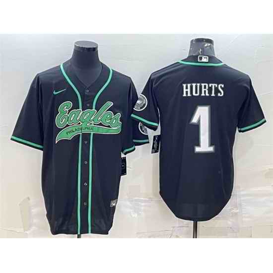 Men Philadelphia Eagles #1 Jalen Hurts Black With Patch Cool Base Stitched Baseball Jersey->new york jets->NFL Jersey