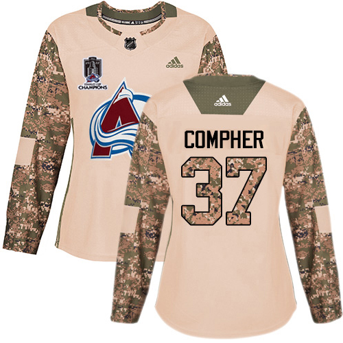 Adidas Colorado Avalanche #37 J.T. Compher Camo Authentic Women’s 2022 Stanley Cup Champions Veterans Day Stitched NHL Jersey Womens->women nhl jersey->Women Jersey