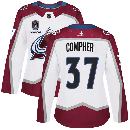 Adidas Colorado Avalanche #37 J.T. Compher White Women’s 2022 Stanley Cup Champions Road Authentic Stitched NHL Jersey Womens->women nhl jersey->Women Jersey