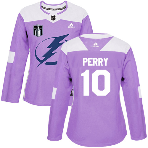Adidas Tampa Bay Lightning #10 Corey Perry Purple Women’s Authentic 2022 Stanley Cup Final Patch Fights Cancer Stitched NHL Jersey Womens->tampa bay lightning->NHL Jersey