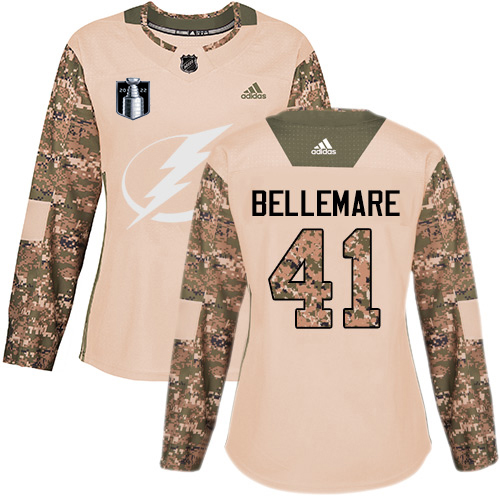 Adidas Tampa Bay Lightning #41 Pierre-Edouard Bellemare Camo Women’s Authentic 2022 Stanley Cup Final Patch Veterans Day Stitched NHL Jersey Womens->tampa bay lightning->NHL Jersey