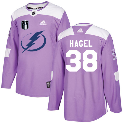 Adidas Tampa Bay Lightning #38 Brandon Hagel Purple Authentic 2022 Stanley Cup Final Patch Fights Cancer Stitched Youth NHL Jersey Youth->tampa bay lightning->NHL Jersey