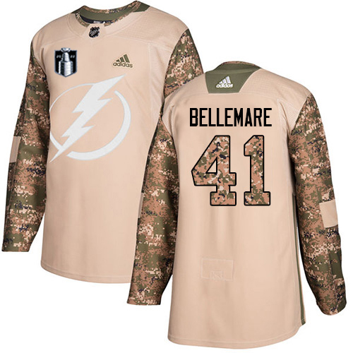 Adidas Tampa Bay Lightning #41 Pierre-Edouard Bellemare Camo Authentic 2022 Stanley Cup Final Patch Veterans Day Stitched Youth NHL Jersey Youth->tampa bay lightning->NHL Jersey