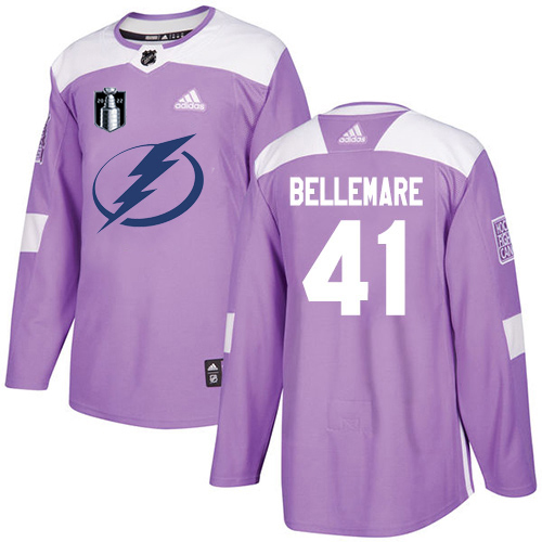 Adidas Tampa Bay Lightning #41 Pierre-Edouard Bellemare Purple Authentic 2022 Stanley Cup Final Patch Fights Cancer Stitched Youth NHL Jersey Youth->tampa bay lightning->NHL Jersey
