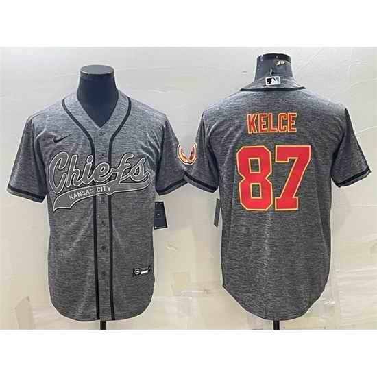 Men Kansas City Chiefs #87 Travis Kelce Grey With Patch Cool Base Stitched Baseball Jersey->kansas city chiefs->NFL Jersey