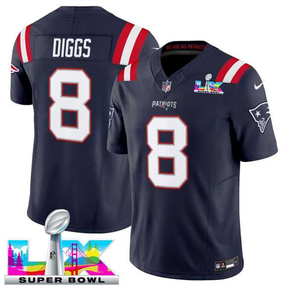 Men%27s New England Patriots #8 Stefon Diggs Navy 2025 F.U.S.E. Super Bowl LX Patch Vapor Limited Stitched Jersey->new england patriots->NFL Jersey