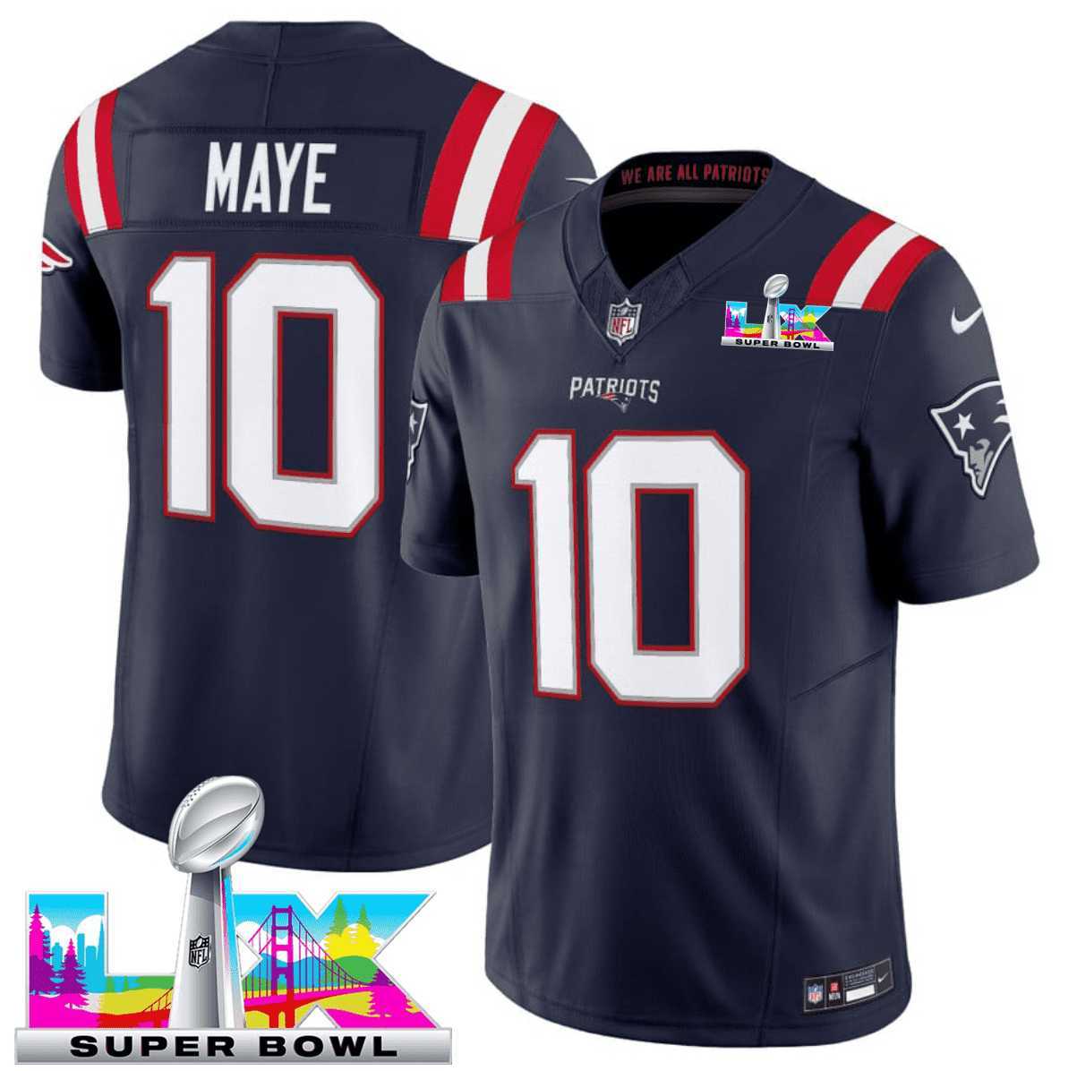 Men%27s New England Patriots #10 Drake Maye Navy 2025 F.U.S.E. Super Bowl LX Patch Vapor Limited Stitched Jersey->new england patriots->NFL Jersey