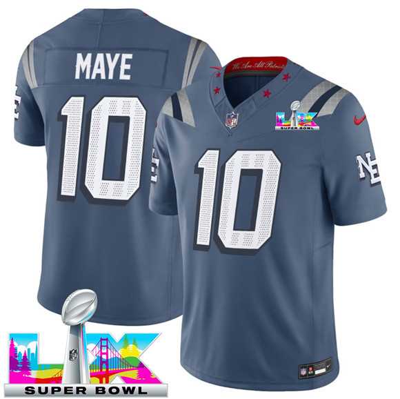 Men%27s New England Patriots #10 Drake Maye Storm Blue 2025 F.U.S.E. Super Bowl LX Patch %27Rivalries%27 Vapor Limited Stitched Jersey->new england patriots->NFL Jersey