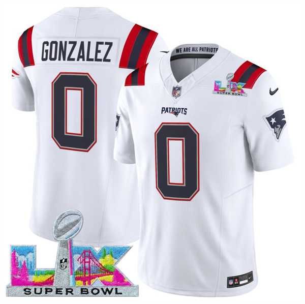 Men%27s New England Patriots #0 Christian Gonzalez White 2025 F.U.S.E. Super Bowl LX Patch Vapor Limited Stitched Jersey->new england patriots->NFL Jersey