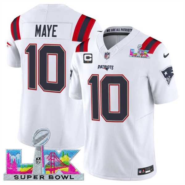 Men%27s New England Patriots #10 Drake Maye White 2025 F.U.S.E. Super Bowl LX Patch And 1-Star C Patch Vapor Limited Stitched Jersey->new england patriots->NFL Jersey