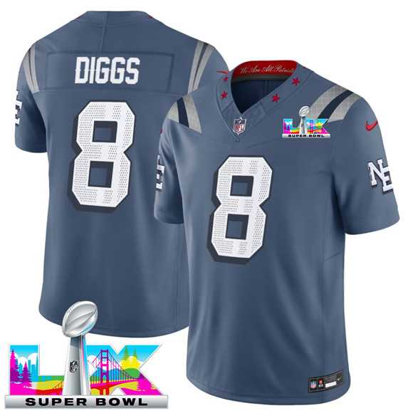 Men%27s New England Patriots #8 Stefon Diggs Storm Blue 2025 F.U.S.E. Super Bowl LX Patch %27Rivalries%27 Vapor Limited Stitched Jersey->new england patriots->NFL Jersey