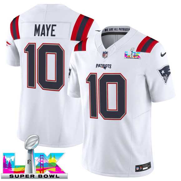 Men%27s New England Patriots #10 Drake Maye White 2025 F.U.S.E. Super Bowl LX Patch Vapor Limited Stitched Jersey->new england patriots->NFL Jersey