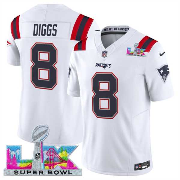 Men%27s New England Patriots #8 Stefon Diggs White 2025 F.U.S.E. Super Bowl LX Patch Vapor Limited Stitched Jersey->new england patriots->NFL Jersey