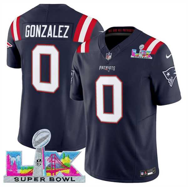 Men%27s New England Patriots #0 Christian Gonzalez Navy 2025 F.U.S.E. Super Bowl LX Patch Vapor Limited Stitched Jersey->denver broncos->NFL Jersey