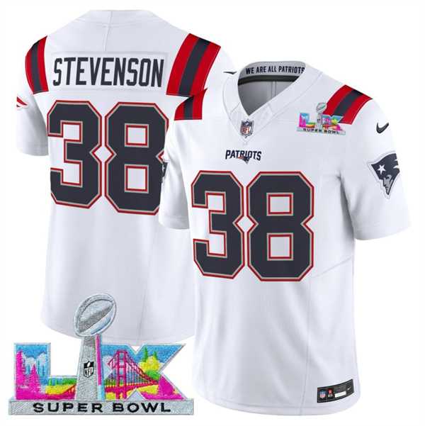 Men%27s New England Patriots #38 Rhamondre Stevenson White 2025 F.U.S.E. Super Bowl LX Patch Vapor Limited Stitched Jersey->new england patriots->NFL Jersey