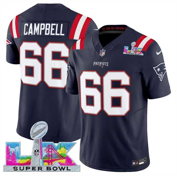 Men%27s New England Patriots #66 Will Campbell Navy 2025 F.U.S.E. Super Bowl LX Patch Vapor Limited Stitched Jersey->new england patriots->NFL Jersey