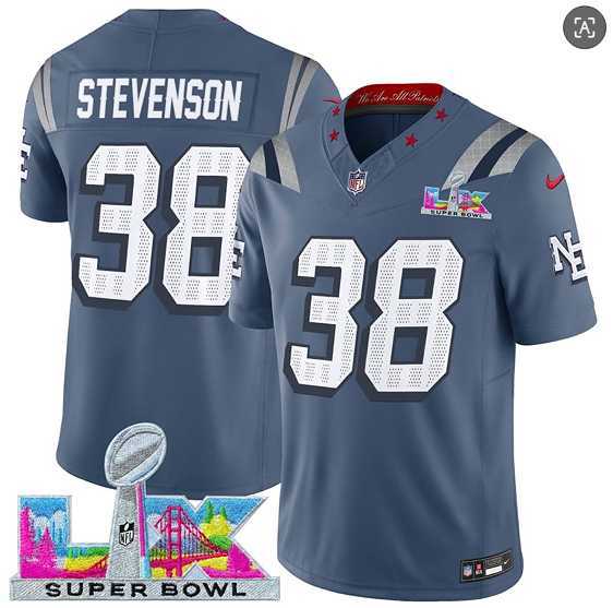 Men%27s New England Patriots #38 Rhamondre Stevenson Storm Blue 2025 F.U.S.E. Super Bowl LX Patch %27Rivalries%27 Vapor Limited Stitched Jersey->new england patriots->NFL Jersey