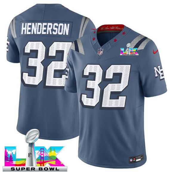 Men%27s New England Patriots #32 TreVeyon Henderson Storm Blue 2025 F.U.S.E. Super Bowl LX Patch %27Rivalries%27 Vapor Limited Stitched Jersey->new england patriots->NFL Jersey