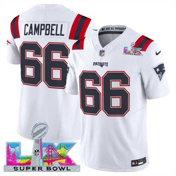 Men%27s New England Patriots #66 Will Campbell White 2025 F.U.S.E. Super Bowl LX Patch Vapor Limited Stitched Jersey->new england patriots->NFL Jersey