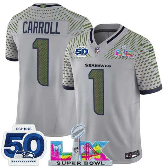 Men%27s Seattle Seahawks #1 Pete Carroll Gray 2025 F.U.S.E. Super Bowl LX Patch And 50th Season Patch %27Rivalries%27 Vapor Limited Stitched Jersey->seattle seahawks->NFL Jersey