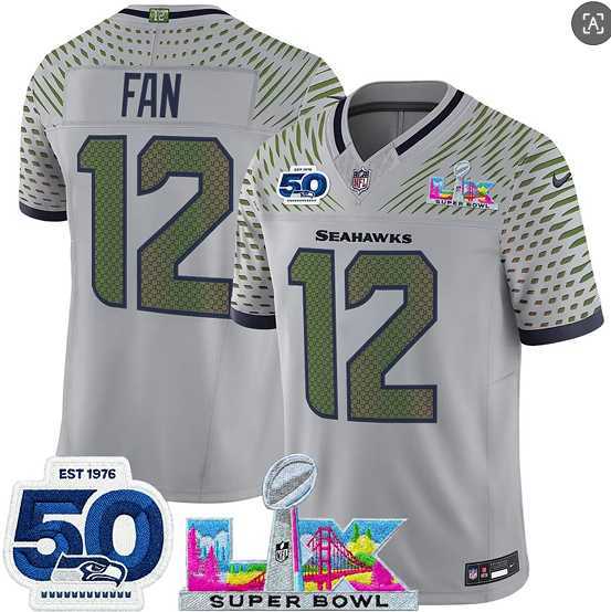Men%27s Seattle Seahawks #12 Fan Gray 2025 F.U.S.E. Super Bowl LX Patch And 50th Season Patch %27Rivalries%27 Vapor Limited Stitched Jersey->seattle seahawks->NFL Jersey