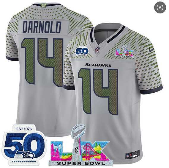 Men%27s Seattle Seahawks #14 Sam Darnold Gray 2025 F.U.S.E. Super Bowl LX Patch And 50th Season Patch %27Rivalries%27 Vapor Limited Stitched Jersey->seattle seahawks->NFL Jersey