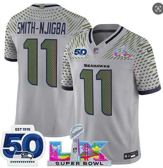 Men%27s Seattle Seahawks #11 Jaxon Smith-Njigba Gray 2025 F.U.S.E. Super Bowl LX Patch And 50th Season Patch %27Rivalries%27 Vapor Limited Stitched Jersey->seattle seahawks->NFL Jersey