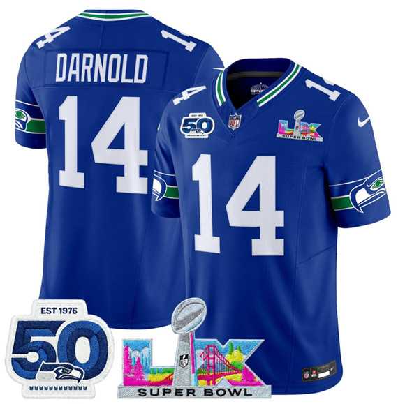 Men%27s Seattle Seahawks #14 Sam Darnold Royal 2025 F.U.S.E. Super Bowl LX Patch And 50th Season Patch Vapor Throwback Limited Stitched Jersey->seattle seahawks->NFL Jersey