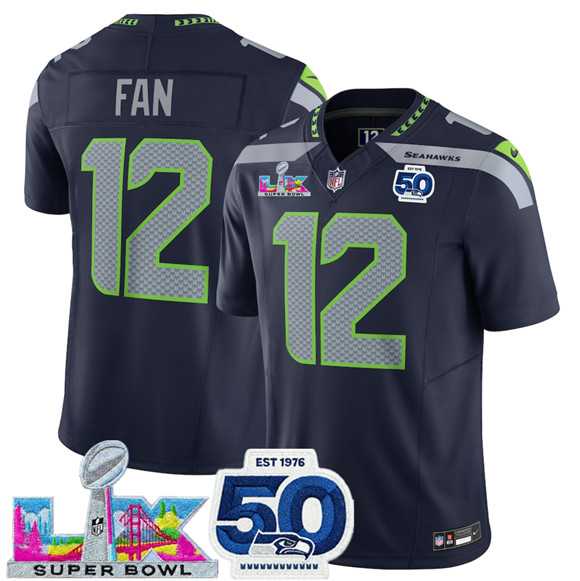 Men%27s Seattle Seahawks #12 Fan Navy 2025 F.U.S.E. Super Bowl LX Patch And 50th Season Patch Vapor Limited Stitched Jersey->seattle seahawks->NFL Jersey