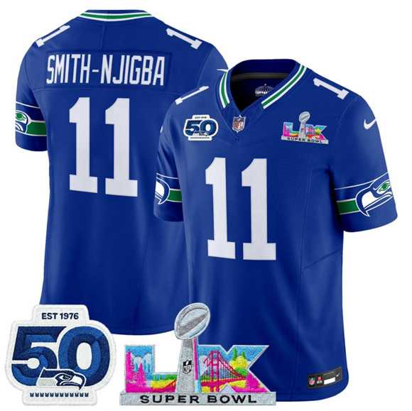 Men%27s Seattle Seahawks #11 Jaxon Smith-Njigba Royal 2025 F.U.S.E. Super Bowl LX Patch And 50th Season Patch Vapor Throwback Limited Stitched Jersey->seattle seahawks->NFL Jersey