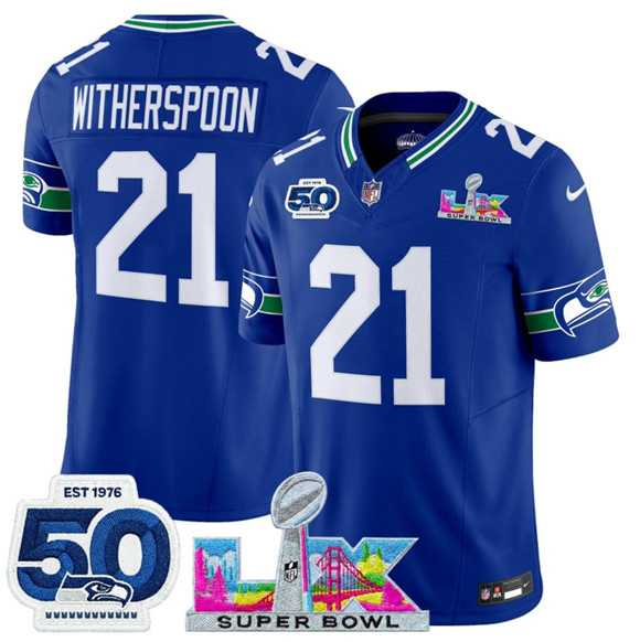 Men%27s Seattle Seahawks #21 Devon Witherspoon Royal 2025 F.U.S.E. Super Bowl LX Patch And 50th Season Patch Vapor Throwback Limited Stitched Jersey->seattle seahawks->NFL Jersey