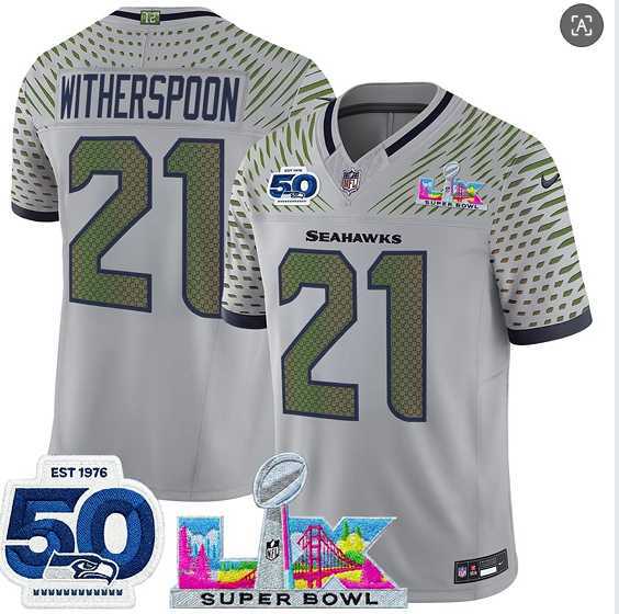 Men%27s Seattle Seahawks #21 Devon Witherspoon Gray 2025 F.U.S.E. Super Bowl LX Patch And 50th Season Patch %27Rivalries%27 Vapor Limited Stitched Jersey->seattle seahawks->NFL Jersey
