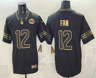 Men%27s Seattle Seahawks #12 Fan Black Gold 2025 FUSE 50th Season Patch Limited Stitched Jersey->seattle seahawks->NFL Jersey
